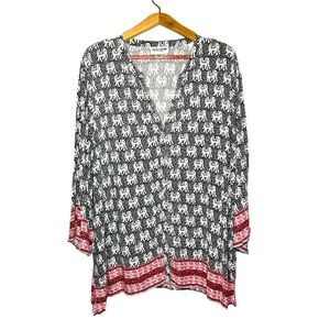 Serengeti 3X Womens plus-size black white red elephant print button up boho top